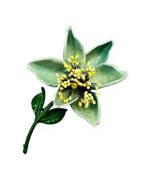 Vintage Green Enamel Flower Pin Brooch Large Oversized Big Lily Flower